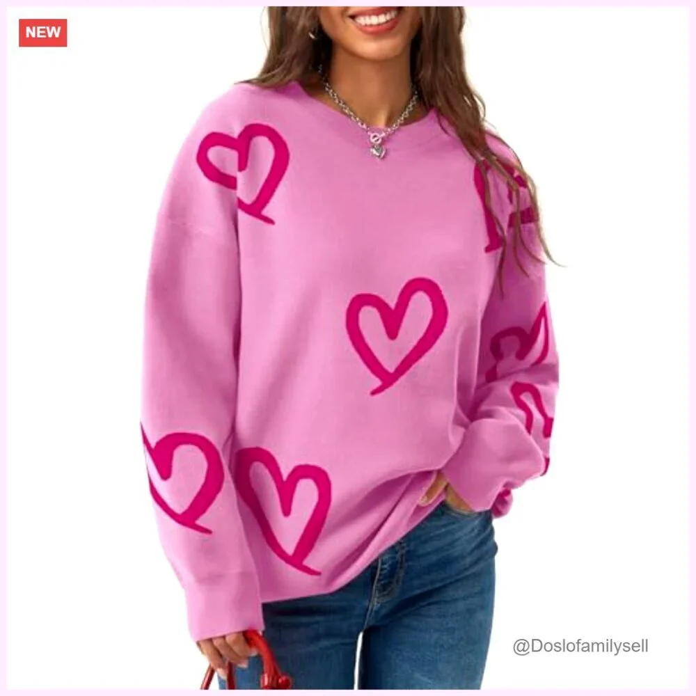 Oversized Heart Print Pullover Sweater Crew Neck Long Sleeve Knit Y2K Cute - Picture 2 of 7